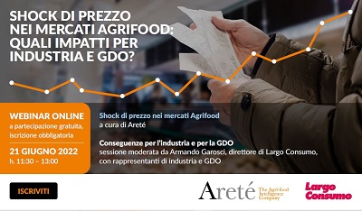 Shock di prezzo nei mercati agrifood e impatti per industria e gdo: il 21 giugno il webinar di Areté e Largo Consumo